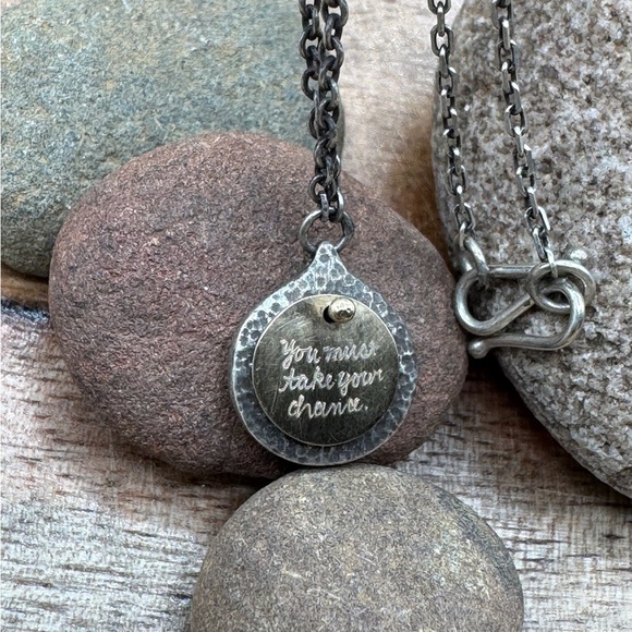 18k & Sterling Silver Necklace with gray-green sapphire beads and etched quote - Picture 7 of 12